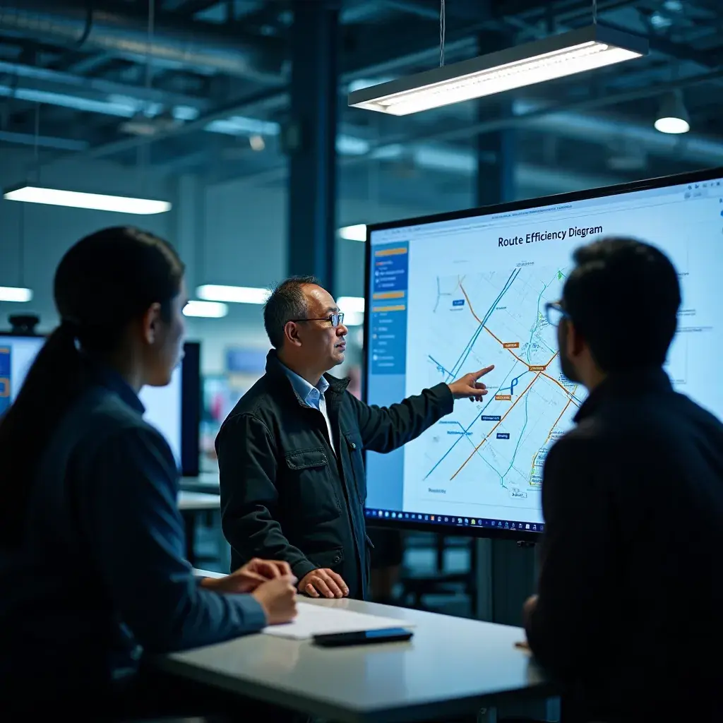 A close-up of a logistics professional reviewing a map with AI-generated insights.