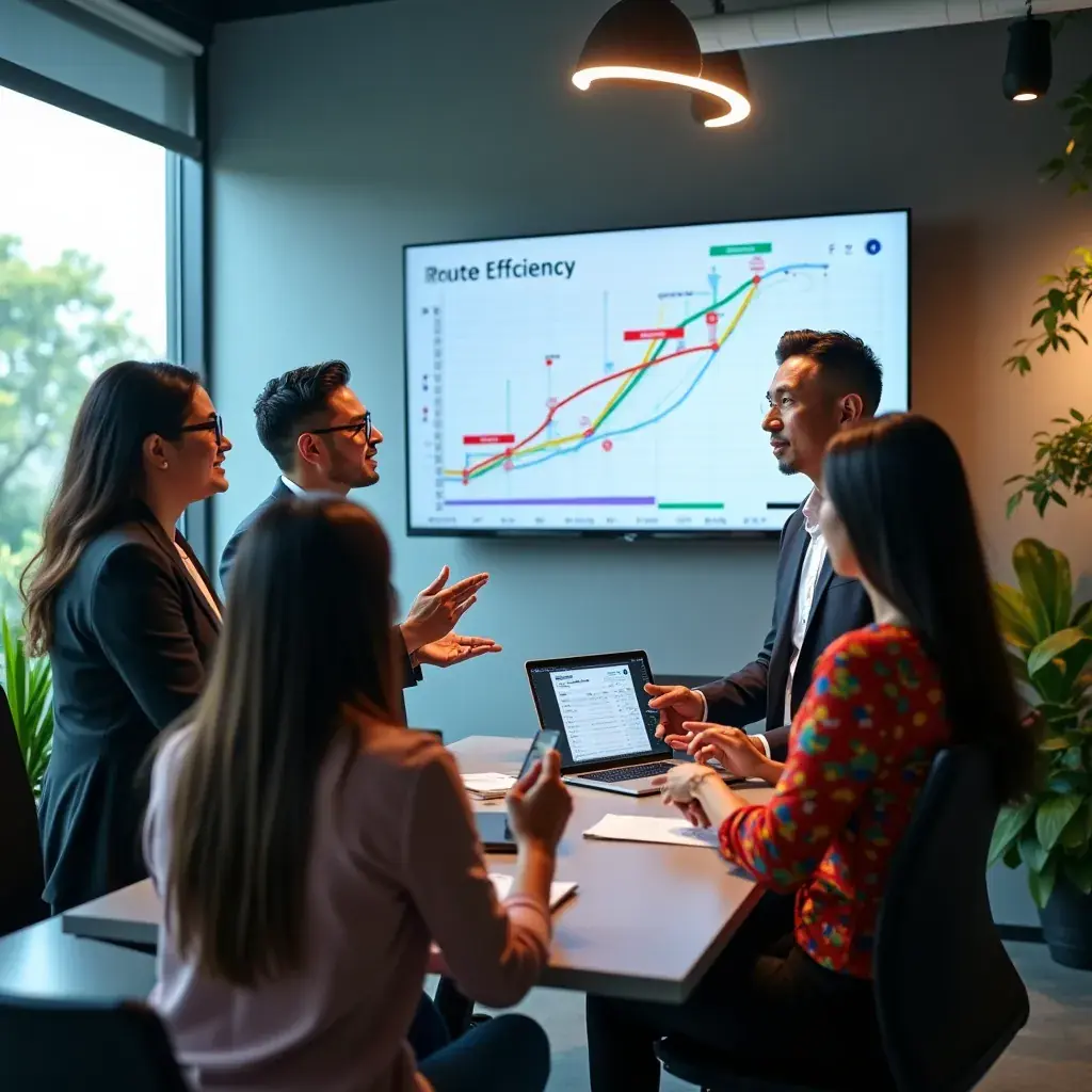 An aerial view of a busy logistics hub with trucks and delivery vehicles.
