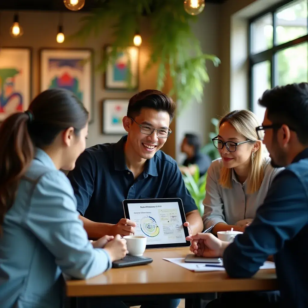A diverse team of consultants collaborating around a whiteboard filled with ideas.